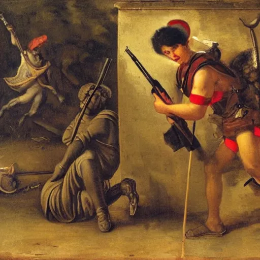 Image similar to cupido holding a rifle follows a prisoner