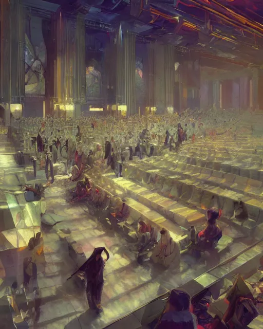 Prompt: craig mullins and moebius painting of a crowd in a futuristic church, priest, pews, ethereal, inviting, bright, unreal engine, hyper realism, realistic shading, cinematic composition, realistic render, octane render, detailed textures, photorealistic, wide shot