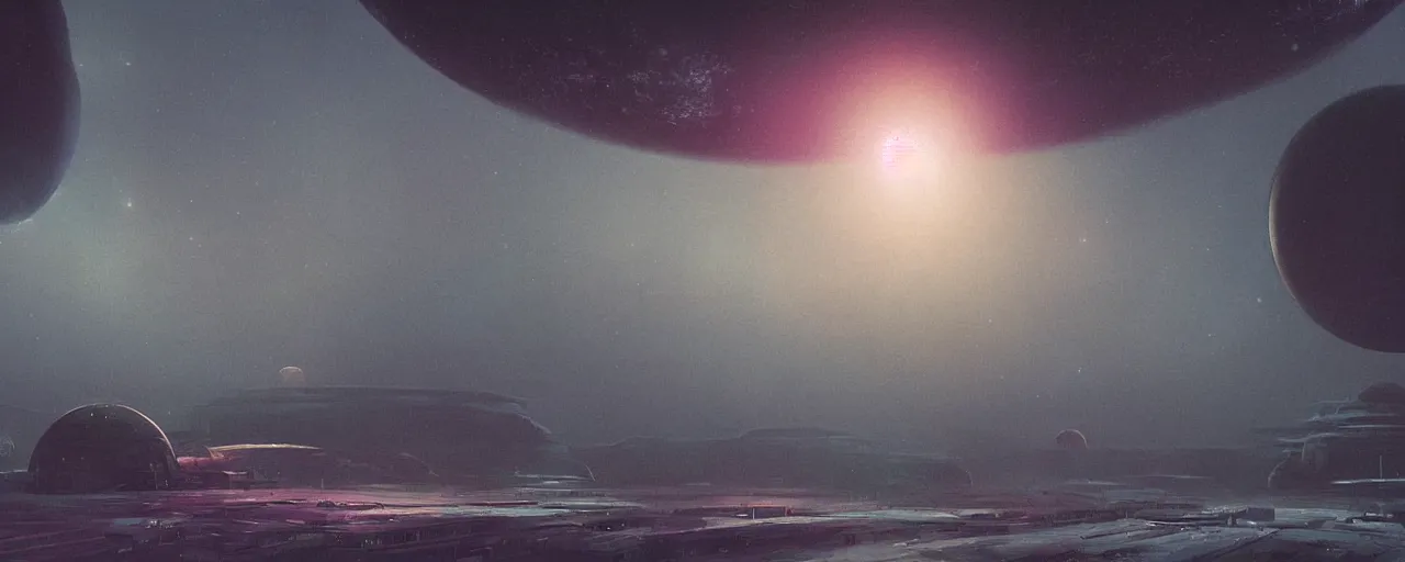 Prompt: ” outer planet with thick fog and distant spaceship dock, [ cinematic, detailed, epic, widescreen, opening, establishing, mattepainting, photorealistic, realistic textures, octane render, art by paul lehr ] ”