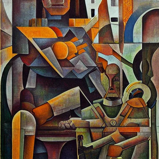 Image similar to cyborg at the crossroads, murales by diego rivera