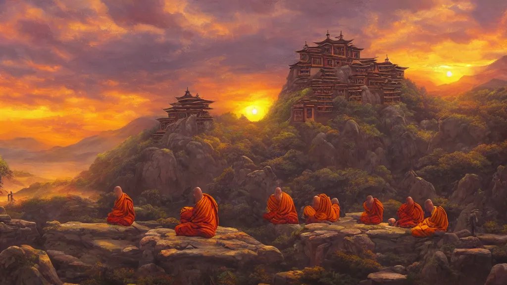 Prompt: a Tibetan monk monastery with monks meditating as a group with a sunset in the distance, some statues at the side, highly detailed oil painting, epic fantasy art, abstraction, masterpeice, 8k