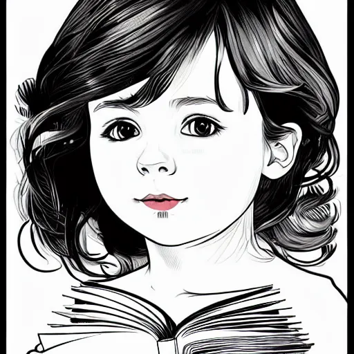 Prompt: clean simple line art of a little girl with short wavy curly light brown hair and blue eyes, reading a book. no background. well composed, clean, black and white, beautiful detailed face line art by ilya kuvshinov and alphonse mucha