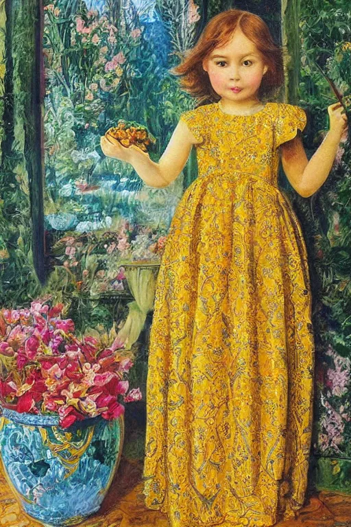 Image similar to girl waer detailed golden arabesque dress with a lot of narcissus in persian pot, painting by alberto mielgo