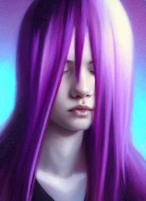 Image similar to hair whitebangs hair, black hair, whitebangs, portrait of teenage girl with white bangs, red irises, purple clothes, white bangs, bangs are different color from hair, intricate, elegant, glowing lights, highly detailed, digital painting, artstation, concept art, smooth, sharp focus, illustration, art by wlop, mars ravelo and greg rutkowski