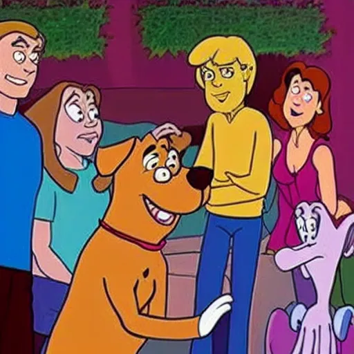 Image similar to scooby - doo on deathbed, freinds and family surround him with love, shaggy holding his paw, uplifting, hospice, hannah barbera, animated tv show