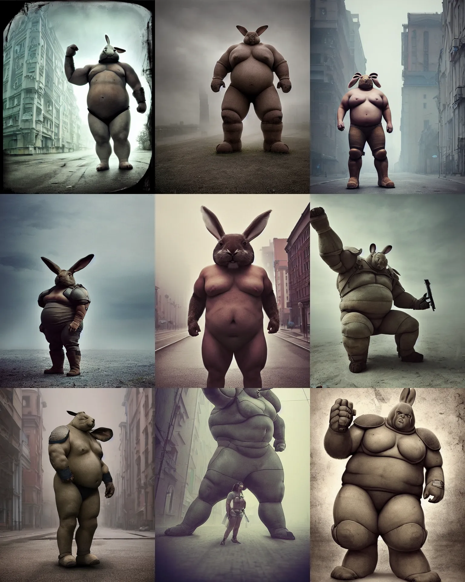 Prompt: epic pose!!! giant oversized towering chubby battle sci - fi chest armor anthropomorphic rabbit rugged hulked, in legnica, full body, cinematic focus, polaroid photo, vintage, neutral dull colors, soft lights, foggy mist, by oleg oprisco, by thomas peschak, by discovery channel, by victor enrich, by gregory crewdson