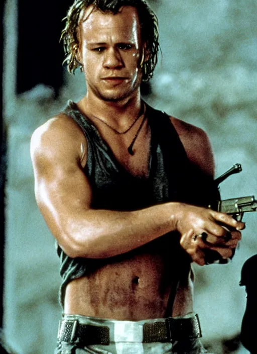 Prompt: film still of Heath Ledger as John McClane in Die Hard, 4k