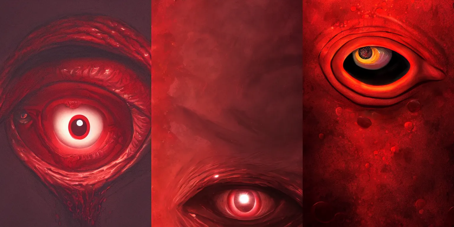 Prompt: Floating eye creature. Fleshy, red, shadows. Dramatic. Dark fantasy, digital art, HD, 4k, detailed.