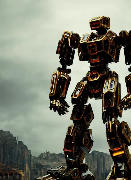 Prompt: a shiny ornate boxing humanoid mecha in ruin city, victory, bright, by war robots, real steel ( 2 0 1 1 ), westworld and eve venture and pacific rim and machine warrior 5, cryengine, frostbite 3 engine, scarlet and yellow scheme, sharp focus, 8 k, high definition, insanely detailed, soft lighting, smooth face