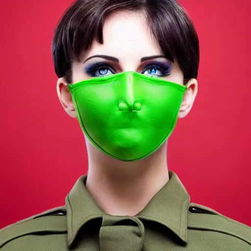 Image similar to brunette woman, short hair, flipped out hair, bright green eyes, fascist uniform, smirk