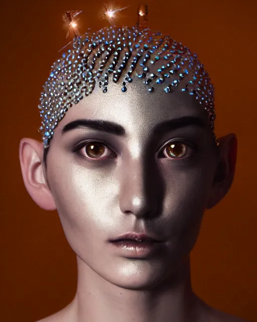 Image similar to soft focus portrait of an android with soft synthetic skin, bioluminescent plastics, smooth shiny metal plates, elaborate head piece, piercings, skin textures, by annie liebovotz,