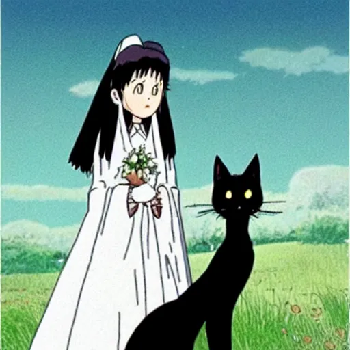 Image similar to a black cat wearing a white wedding dress, Miyazaki, studio ghibli