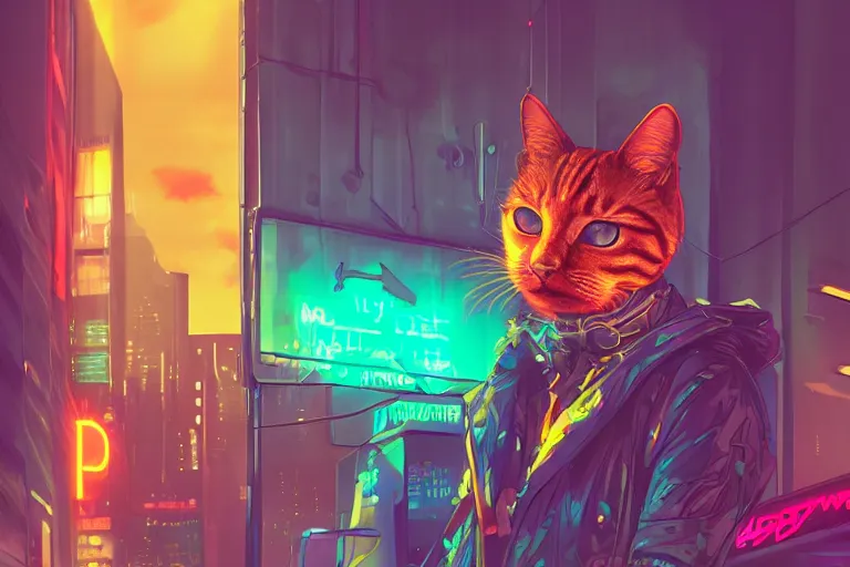 Image similar to cyberpunk ginger cat in the city, neon lighting, digital art, trending on artstation, fanart, by kawacy