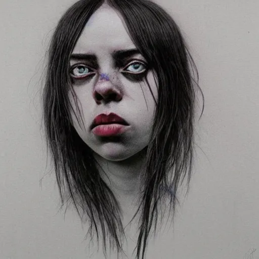 Prompt: grunge drawing of billie eilish by - Zdzisław Beksiński, horror themed, detailed, elegant, intricate