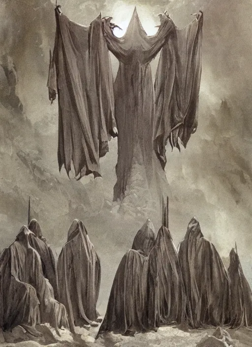 Prompt: nazgul, film cinematography, atmospheric lighting, natural lighting, nazgul from lord of the rings, wide shot, atmospheric cinematography by stanley kubrick, flowing robes by alphonse mucha, nazgul by alan lee and john howe and zdzisław beksinski