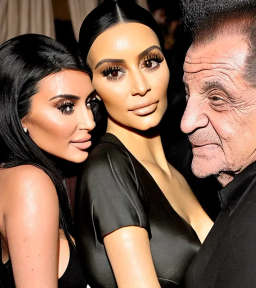 Image similar to Joe pesci hugging kim kardashian & kylie Jenner in a derelict  mafia mansion