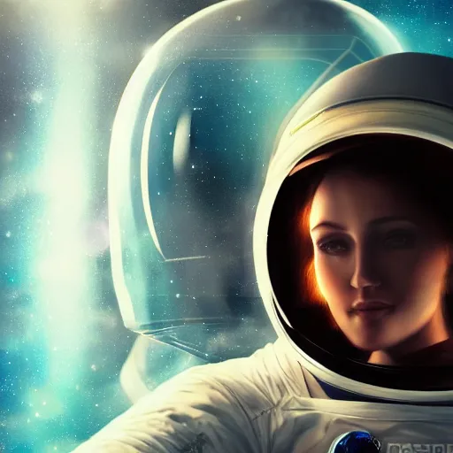 Image similar to portrait of an astronaut with a beautiful woman in the reflection on the helmet, dreamy, concept art, highly detailed, trending on art station, dreamy lighting, beautiful