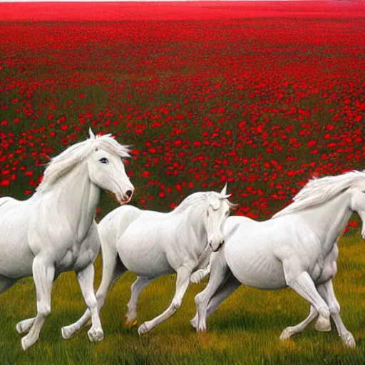 Prompt: wide angle perspective sideview shot ultrarealistic HERD OF WHITE HORSES running through a vast field of red poppies at twilight :: equine anatomy, anatomically correct horses, sculpted muscles, long flowing manes, photorealistic heads:: styles of Richard Avedon, Rosa Bonheur, Jacques-Louis David, and John Collier :: matte painting, smooth rendering, laser sharp, insane detail, volumetric twilight, cinematic, God light shafts, Octane render, trending on Artstation, Behance, Zbrush, deep focus, intricate lines, epic, luxury, elite