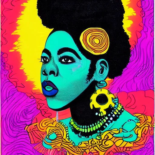 Image similar to Georgia Anne Muldrow, afro-psychedelia, afrocentric mysticism, in the style of Jack Gaughan