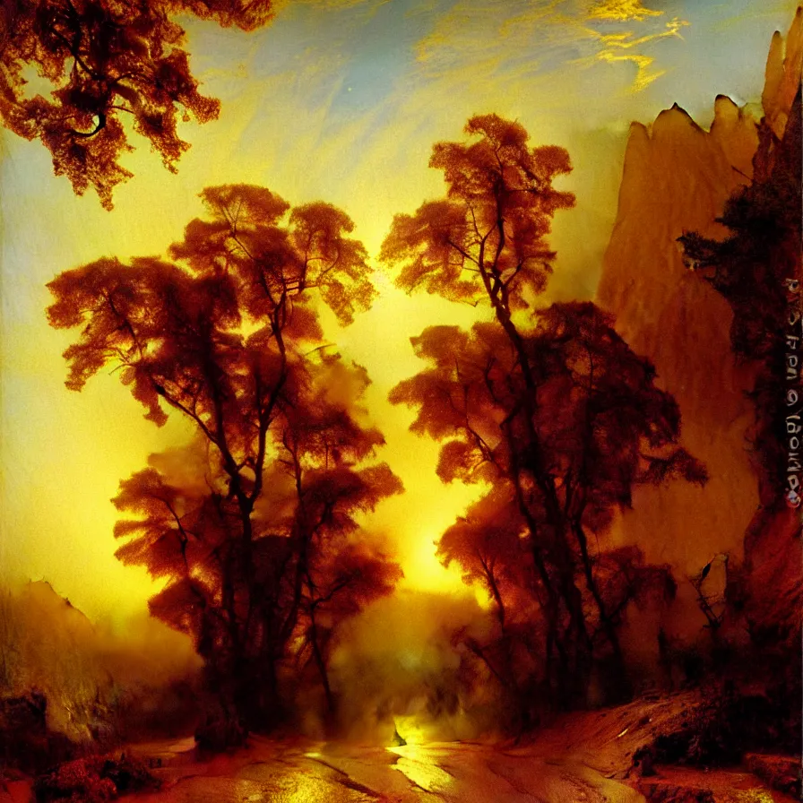 Prompt: a road that goes towards the sunrise, painted by thomas moran and albert bierstadt