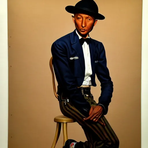 Image similar to pharrell williams by gil elvgren and norman rockwell and rob gonsalves and hajime sorayama, hyperrealistic, high detail, ultra detailed, highly detailed face, ruffled fabric