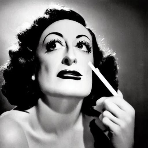 Prompt: joan crawford smoking a joint or cigarette, photo journalism, portrait, in the style of anna leibovitz