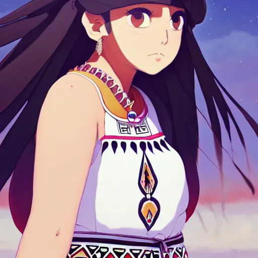 Image similar to a beautiful! plus sized native women instagram model, brown skin, wearing elegant catholic school girl designer fashion with mayan pattern and native style, aztec street fashion, gapmoe yandere grimdark, trending on pixiv fanbox, painted by greg rutkowski makoto shinkai takashi takeuchi studio ghibli, akihiko yoshida