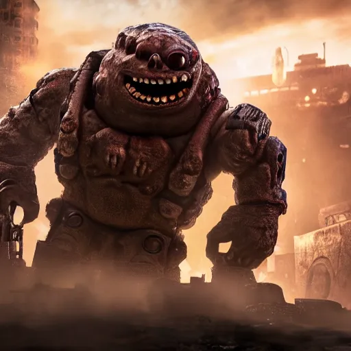 Image similar to evil large spongebob monster in gears of war, splash art, movie still, detailed face, photorealistic facial features, cinematic lighting, dramatic, octane render, long lens, shallow depth of field, bokeh, anamorphic lens flare, 8 k, hyper detailed, 3 5 mm film grain