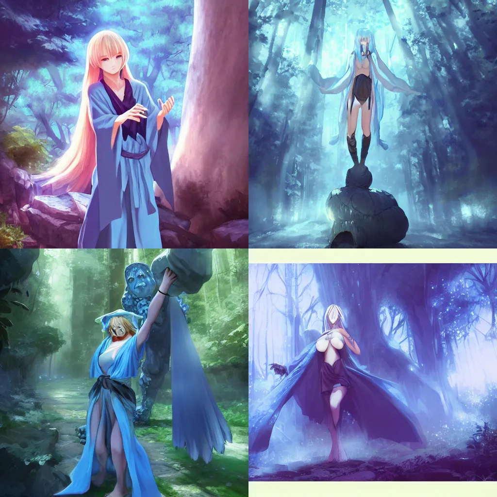 Prompt: A sorceress in a blue robe rides the arm of a hulking stone golem through a forest. Fantasy anime, digital panting by WLOP.