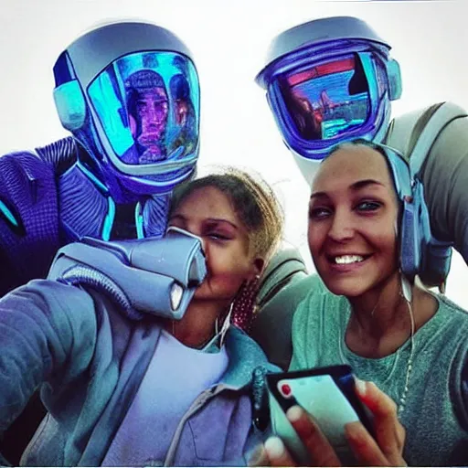 Image similar to “ our humanoid descendants in the year 2 2 0 0 taking a selfie on their sci - fi planet, award - winning details ”