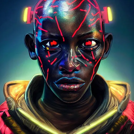 Image similar to a dark and ominous cyborg african child soldier with glowing eyes and tribal facial scarification, neon graffiti, Apex Legends character digital illustration portrait design, by android jones and greg rutkowski in a cyberpunk voodoo style, retrowave color scheme, detailed, cinematic lighting, wide angle action dynamic portrait