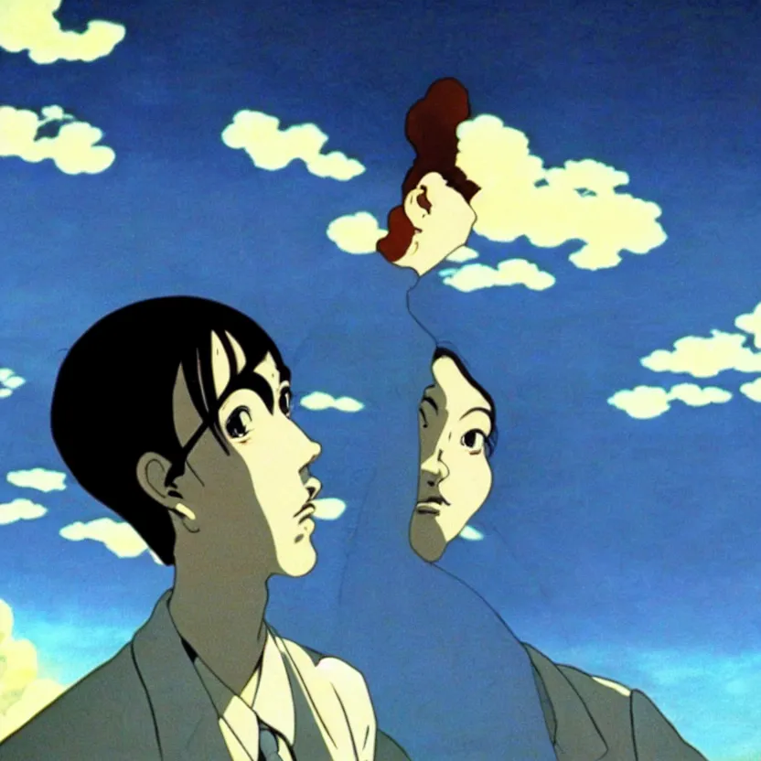 Image similar to film still of a scientist looking up in the dreamy sky, highly detailed, sharp focus, surreal, dreamlike, by satoshi kon and salvador dali