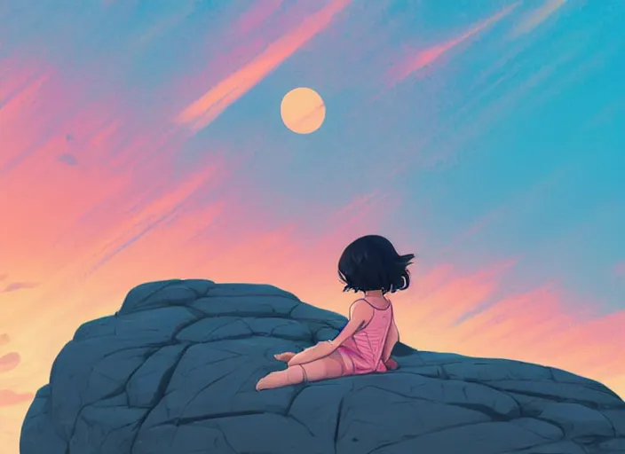 Image similar to little girl with short wavy curly light brown hair sitting on a rock. background pink and blue sunrise. clean cel shaded vector art. shutterstock. behance hd by lois van baarle, artgerm, helen huang, by makoto shinkai and ilya kuvshinov, rossdraws, illustration, art by ilya kuvshinov