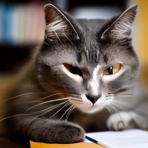 Image similar to a photo of a stressed out cat studying for an exam