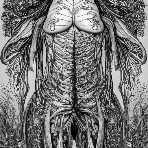 Prompt: a beautiful detailed photo of a full body rotten woman corpse morphing into fractal plants and fractal flowers and mushrooms, muscles, veins, anatomical, intricate, ornate, volumetric light, beautiful lit, midsommar