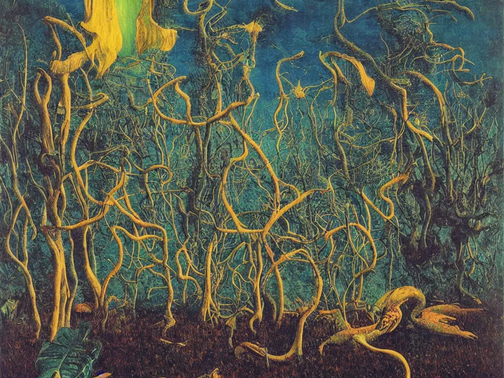 Prompt: paraphernalia on the bark. brink of the melancholy fjords, flock of alligators crumble so. obituary to the leaves. a psychedelic dream, that is. painting by max ernst, paolo ucello, caspar david friedrich, agnes pelton, rene magritte, monet