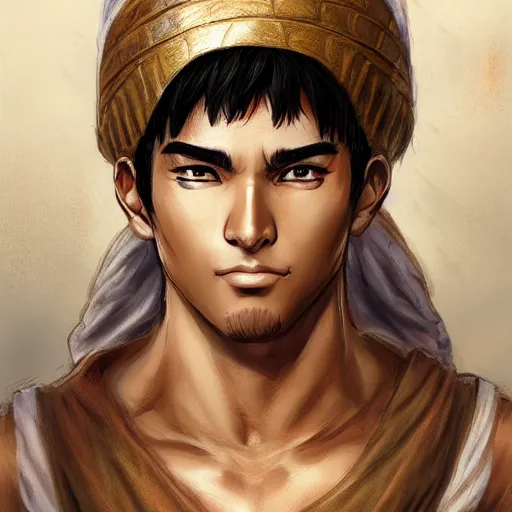 Image similar to A realistic anime portrait of a young handsome male with middle eastern skin wearing 1500 BCE clothing, wooden rod, colored, digital painting, by Frank Frazetta and Yusuke Murata, concept art, highly detailed, promotional art, HD, digital painting, trending on ArtStation, golden ratio, rule of thirds