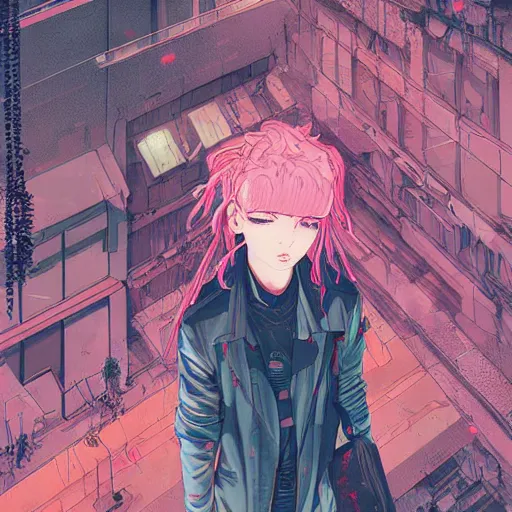 Image similar to very very high - angle, a grungy cyberpunk anime, very cute, by super ss, cyberpunk fashion, curly pink hair, night sky by wlop, james jean, victo ngai, highly detailed