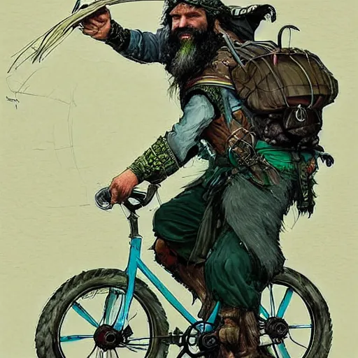 Image similar to a bearded and long haired bicycle food delivery worker with a green bag on his back in Europe, he has boots, epic fantasy style art by kim jung gi, fantasy epic digital art