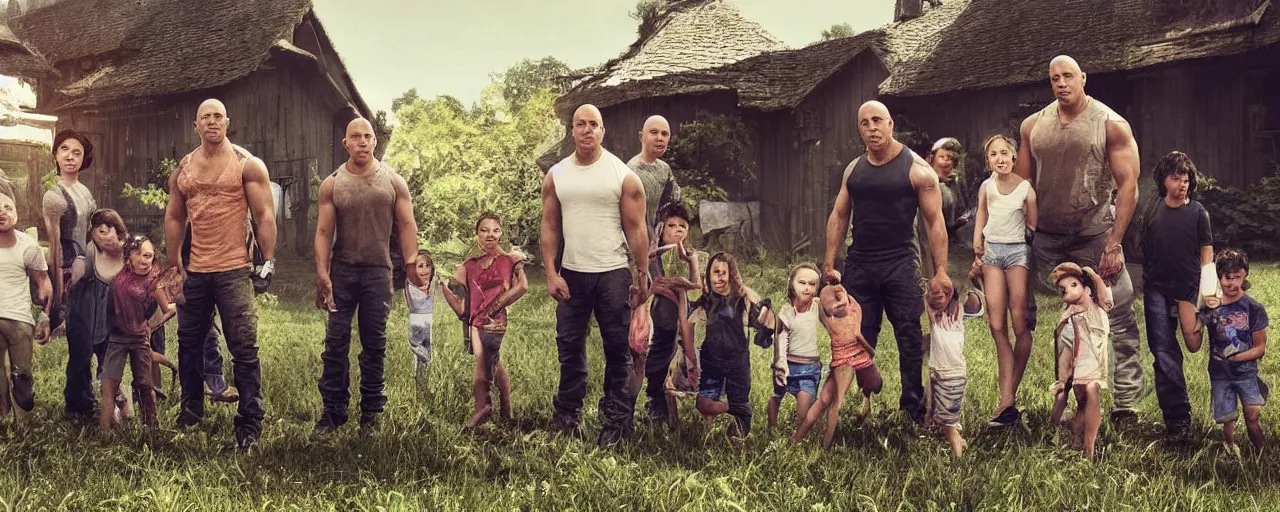 Image similar to closeup photo of vin diesel and his 6 children, sunny day, village house, pastoral, happy, cinematic, art by jan urschel and neil blevins