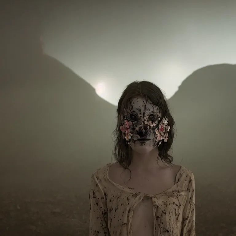 Image similar to The full body shot of beautiful pale woman with many flowers growing inside her and full-face black mask with glowing halo, a thick black smoke in rocky desert landscape, glowing eyes, falling star on the background, burning earth by Christopher Doyle, Gaspar Noe, Alejandro Jodorowsky, anamorphic lens, cinematic composition, award winning photo, 8k