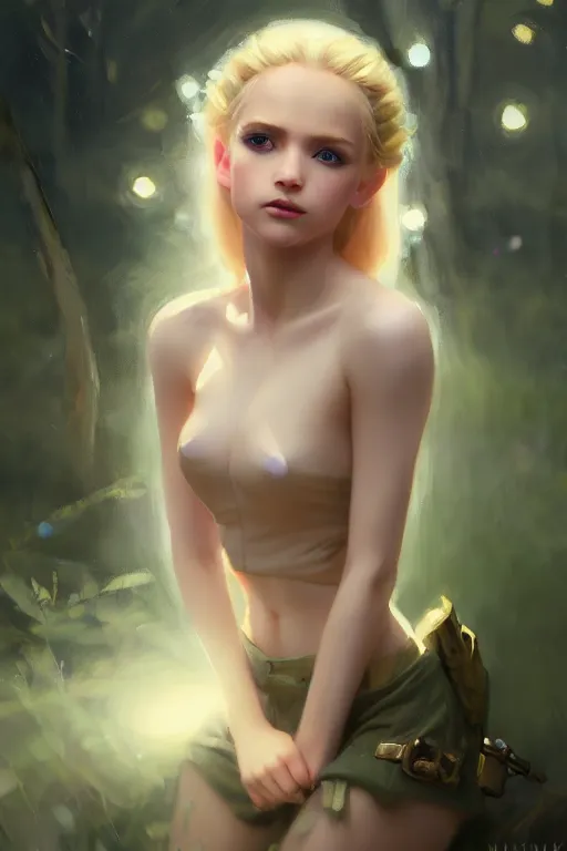 Image similar to cinematic shot of an epic portrait of a cute blonde fairy dressed in military clothes, stylised military clothes, shiny skin, beautiful eyes, beautiful, small details, night setting, realistic poster with volumetric light from jeremy lipkin and michael garmash, craig mallism, artgerm, unreal engine, radiant light, digital art, trends at art station, a masterpiece