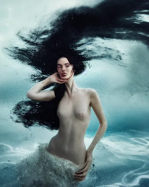 Prompt: olivia swirling into a water tornado that turns into a dress, half body portrait, 3 d animation, black hair, freckles, pale skin, photo by greg rutkowski, female beauty, intricate detail, elegance, sharp shapes, soft lighting, masterpiece
