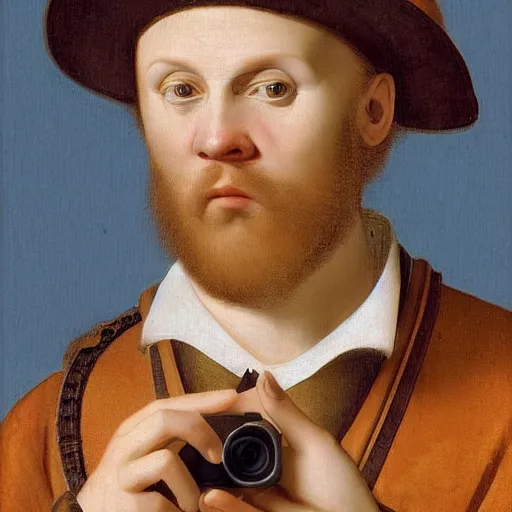 Image similar to a picture of a man holding a digital camara in the year 1 6 0 0, realism, highly detailed,