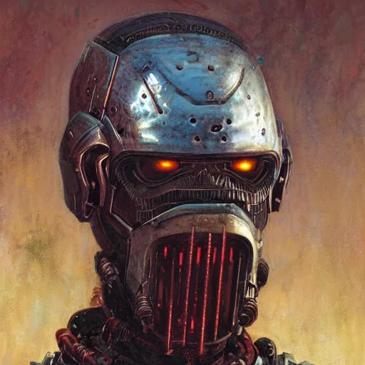 Image similar to the doomslayer as a cyberpunk knight, closeup portrait art by norman rockwell and donato giancola and greg rutkowski