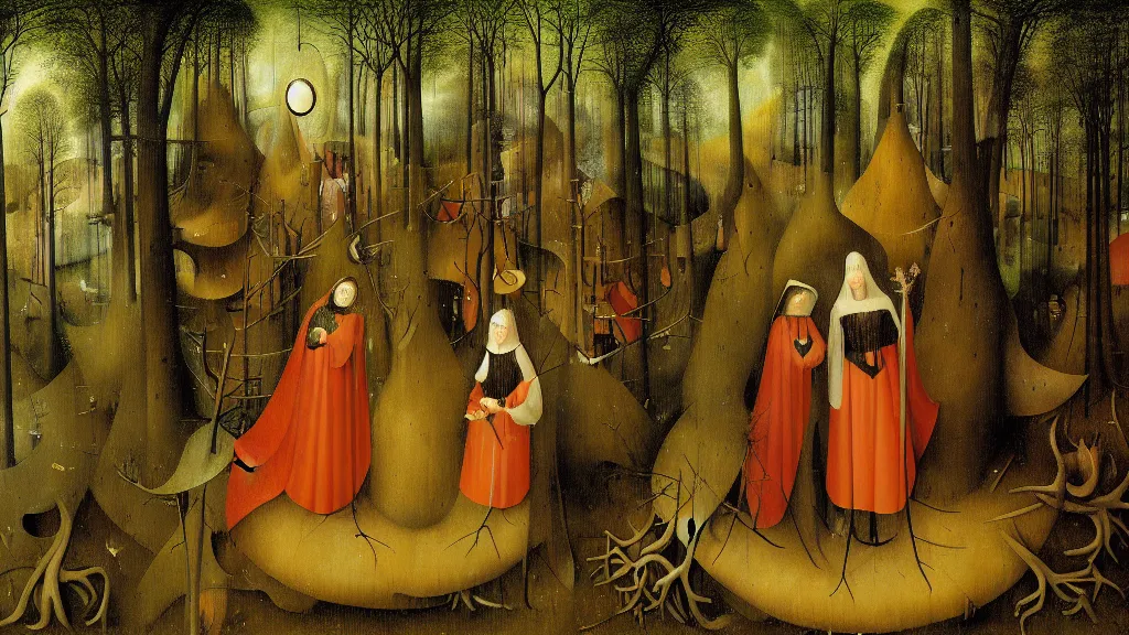 Image similar to a beautiful digital painting digital render of a forest scene by remedios varo hieronymus bosch and johfra bosschart