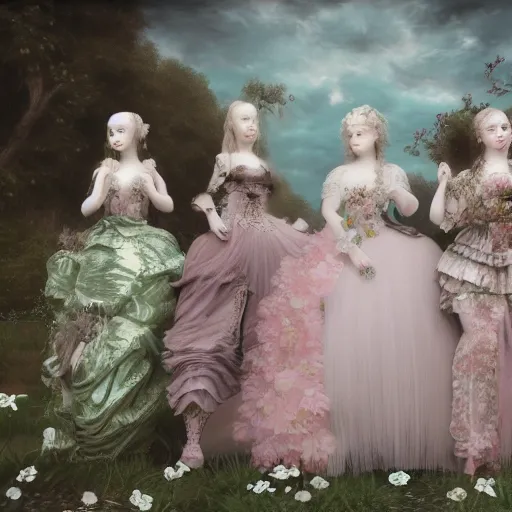 Prompt: 8k, octane render, realism, tonalism, renaissance, rococo, baroque, group of creepy young ladies wearing long harajuku manga dress with flowers and skulls, background chaotic flowers