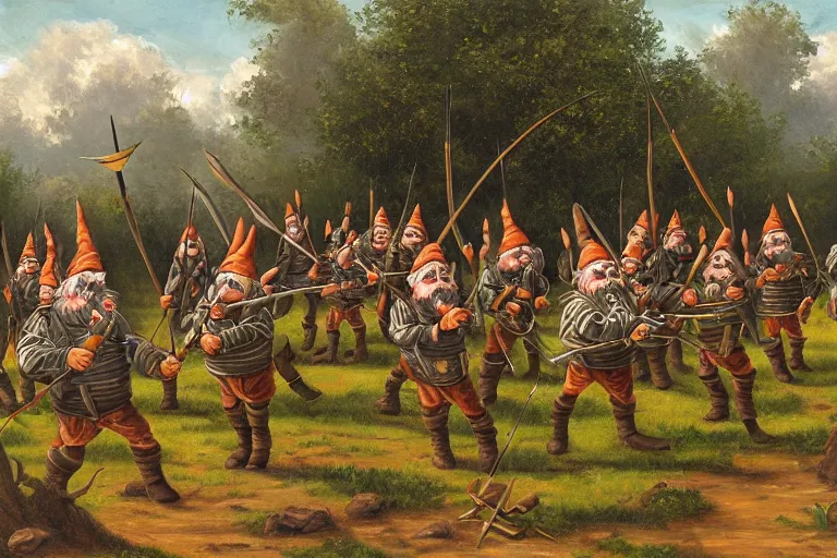 Image similar to an army of gnomes sending an arrow volley at a tree. canvis oil painting