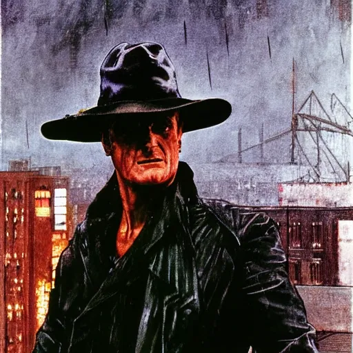 Image similar to rutger hauer as roy batty from blade runner 1982 standing on rooftop in heavy rain, painted by norman rockwell and tom lovell and frank schoonover