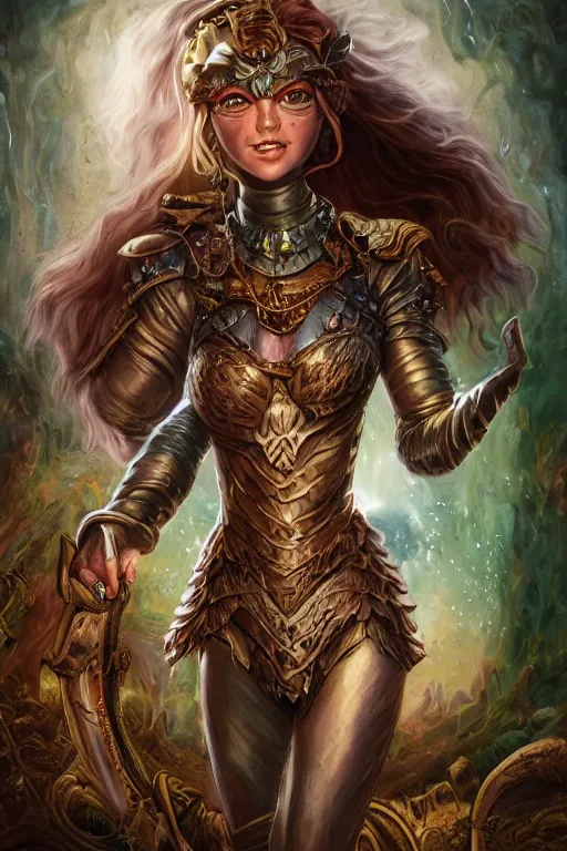 Image similar to A fantasy comic book style portrait painting of Ella Fanning as an Atlantean Reptilian Warrior, Mystical Valkyrie, unreal 5, DAZ, hyperrealistic, octane render, Regal, Refined, Detailed Digital Art, RPG portrait, Michael Cheval, Walt Disney (1937), François Boucher, Oil Painting, Steampunk, Josephine wall, dynamic lighting, Highly Detailed, Cinematic Lighting, Unreal Engine, 8k, HD